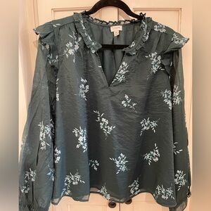 J Crew Ruffle Collar Blouse Women's XXL Emerald Green‎ Sheer Floral Peasant